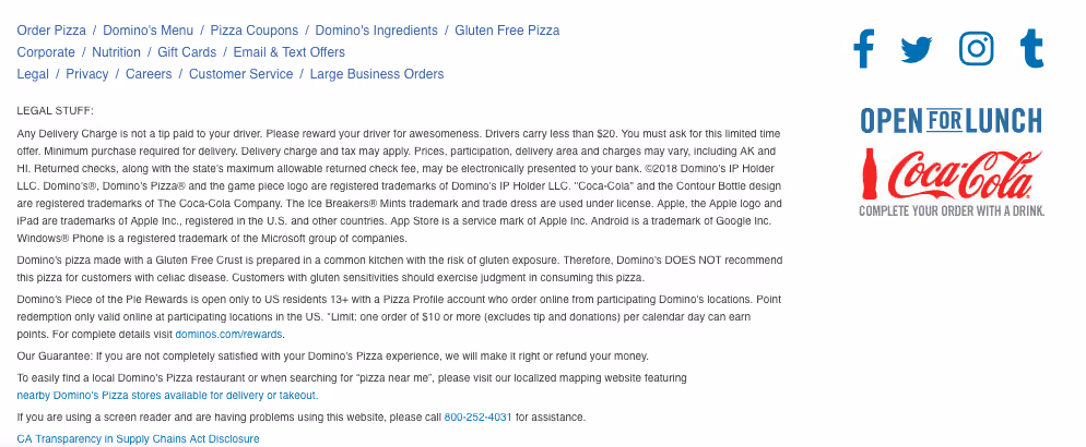 Domino’s Pizza US website footer as it appears on the home page, from 2019.