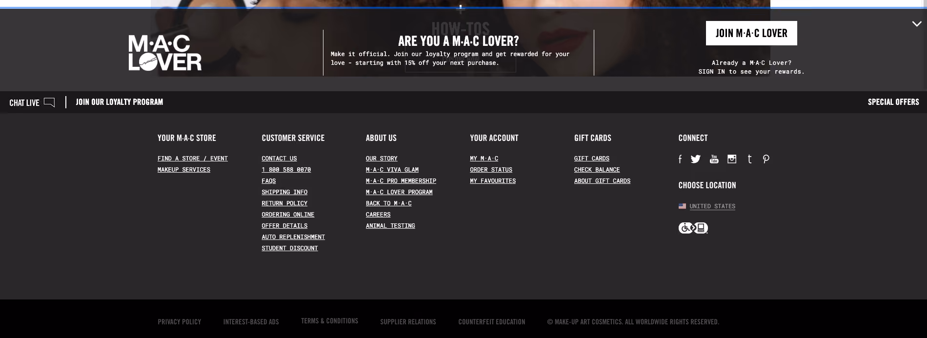 MAC Cosmetics US website footer as it appears on the home page with all four parts visible, from 2019.