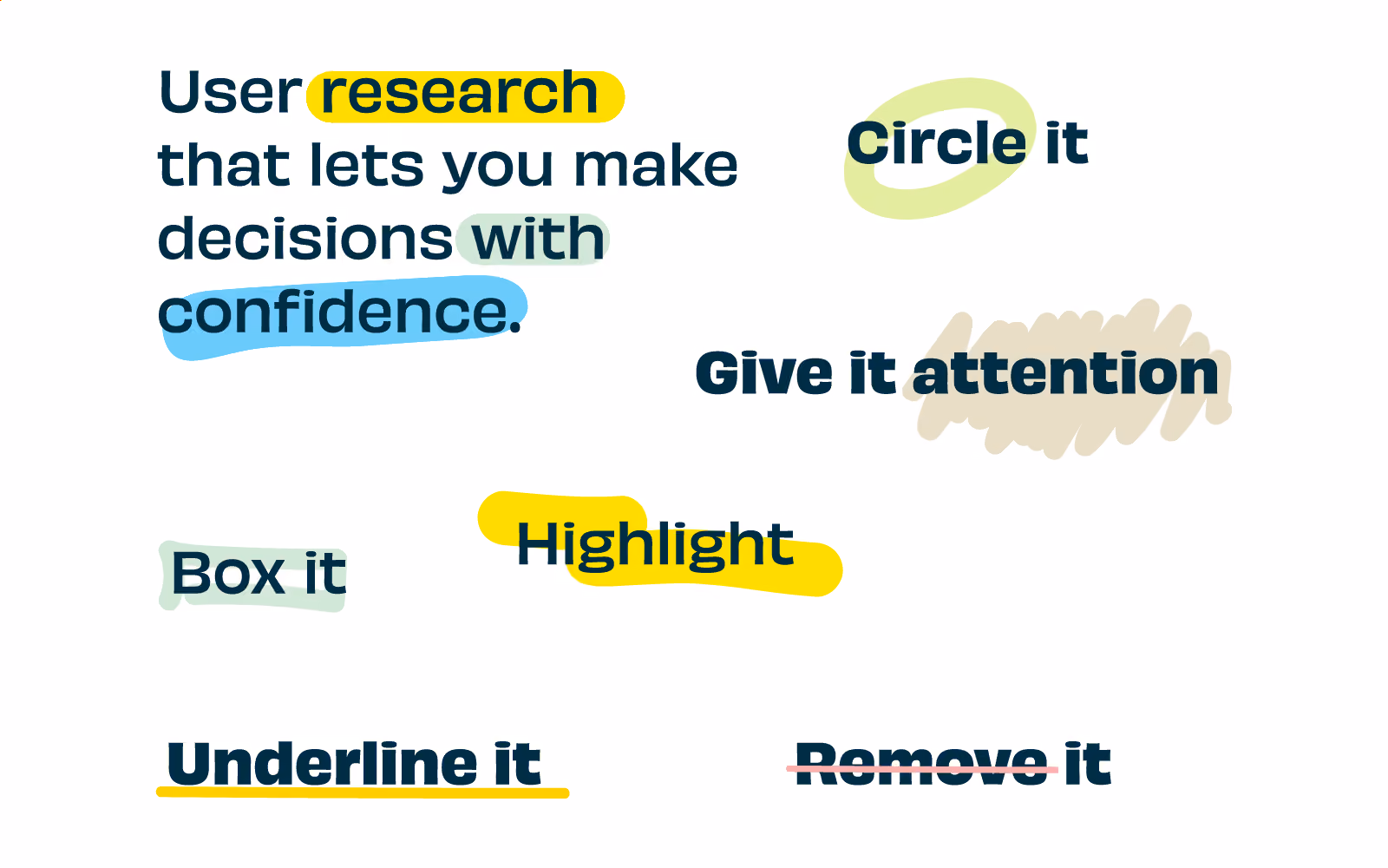 Different words and sentences with various highlighting.