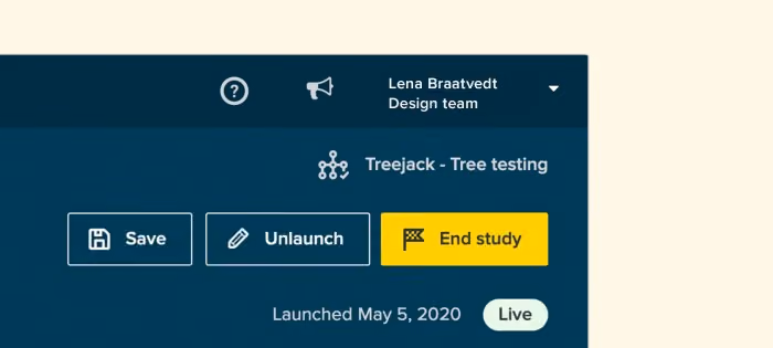 The new 'End study' button inside a Treejack study on our updated header.