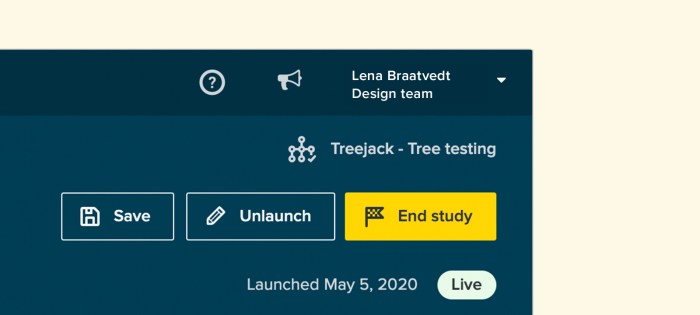 The new 'End study' button inside a Treejack study on our updated header.