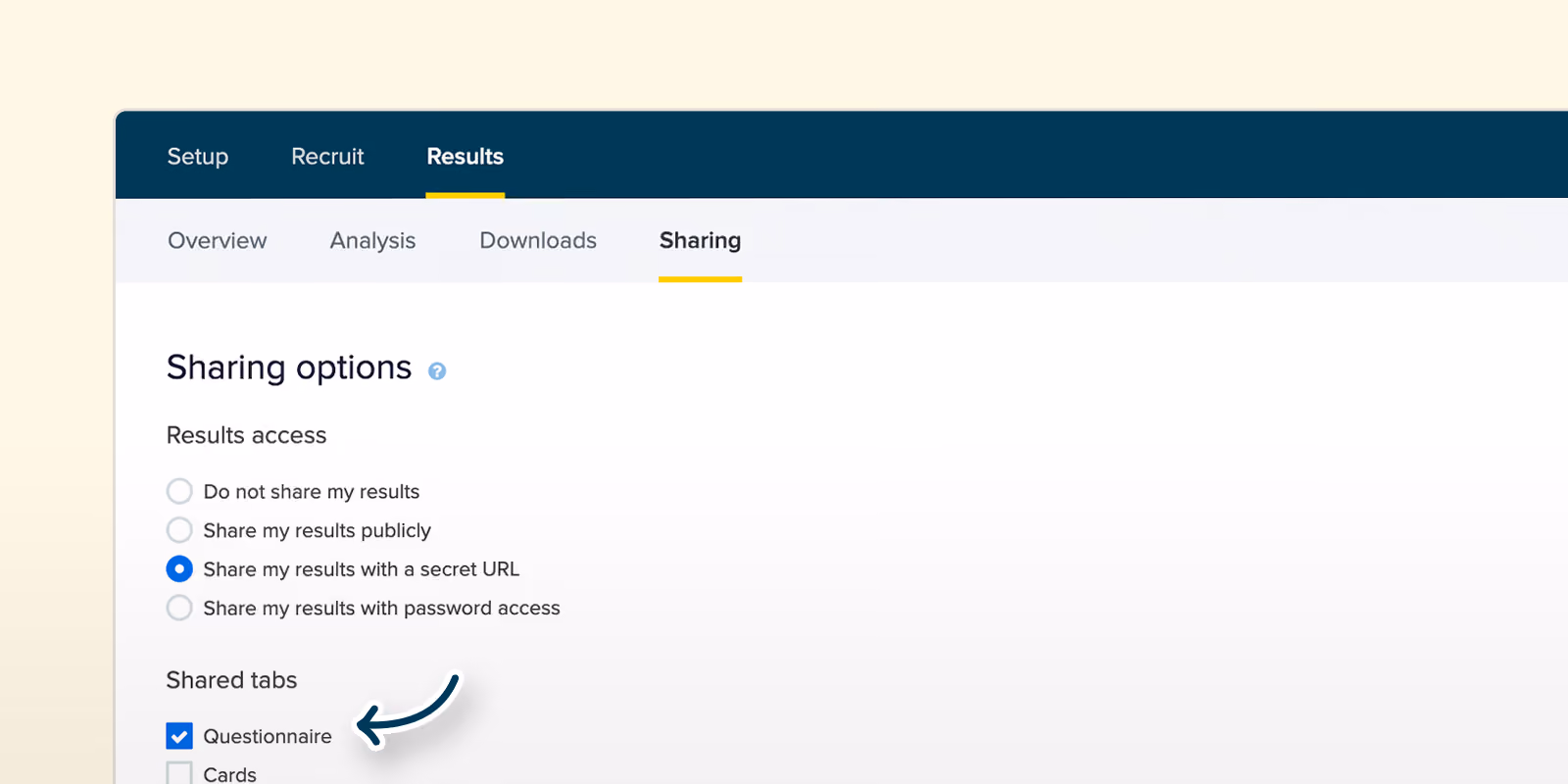 A screenshot of Questions showing the new sharing tab.