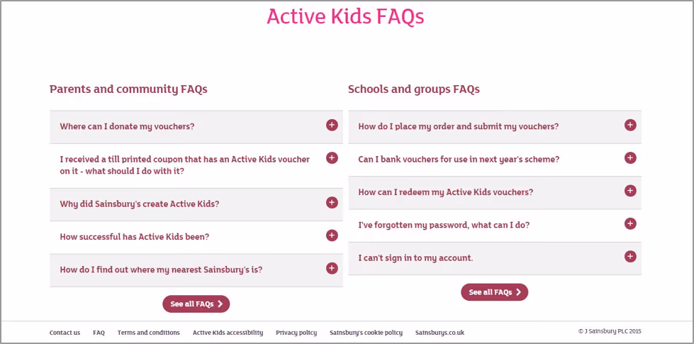 The top level of the FAQs section