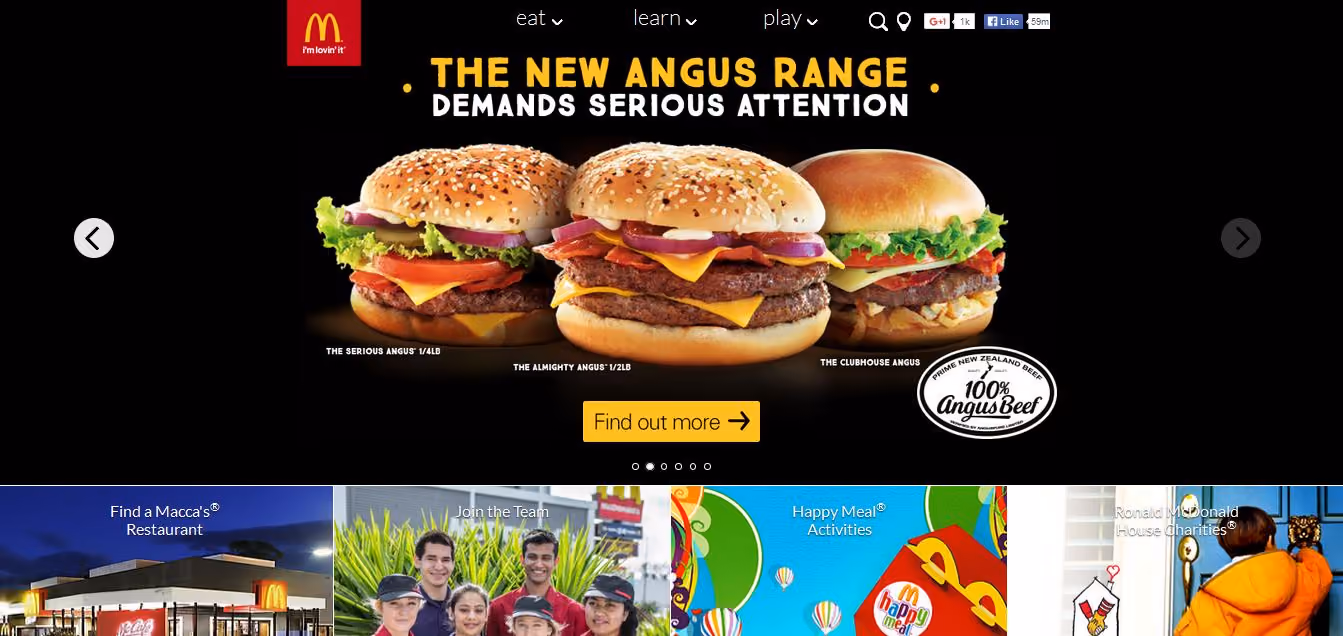 McDonald’s New Zealand website with its three-label top navigation bar.