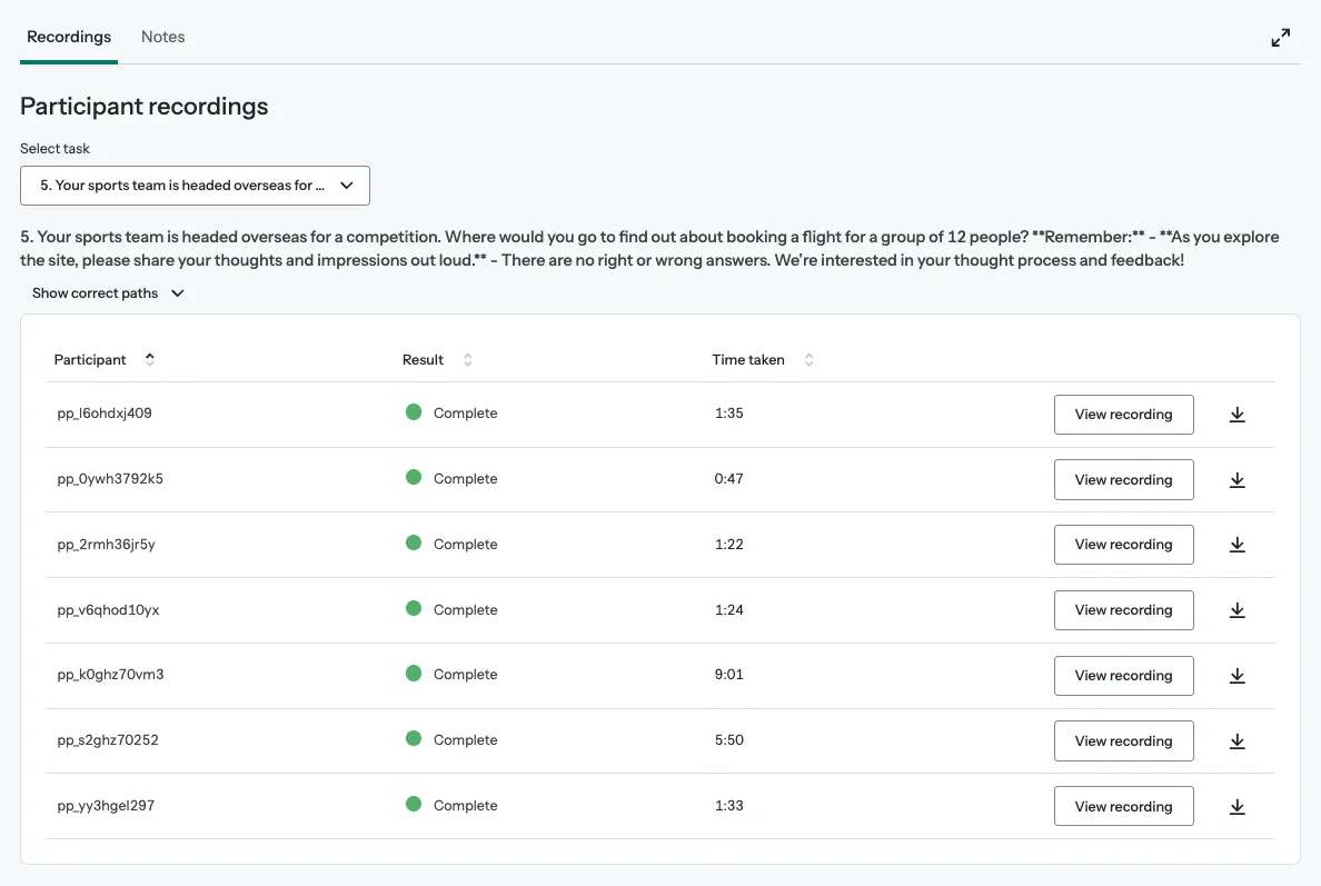 List of participant recordings