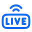 Blue live streaming icon with Wi-Fi signal above the word LIVE in a rounded rectangle.