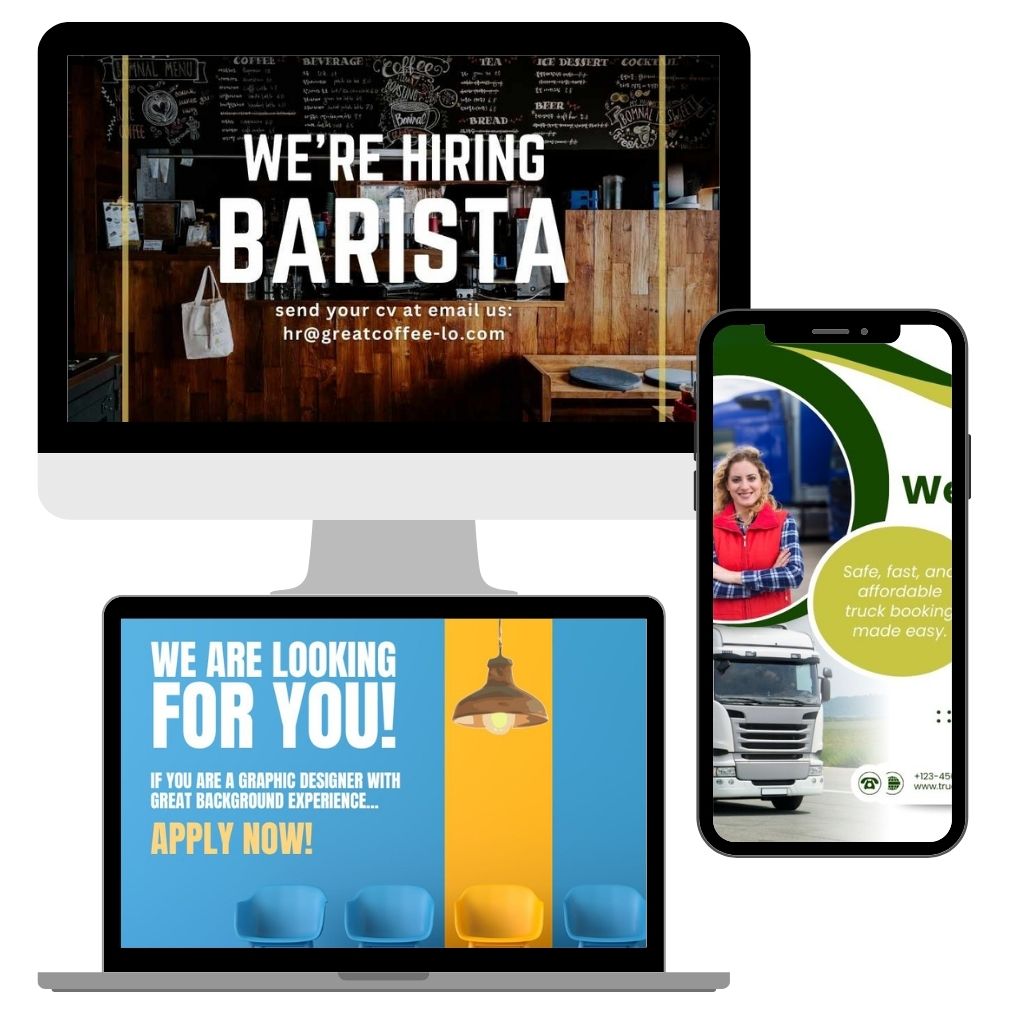 Drei Bildschirme zeigen Stellenanzeigen: Bildschirm mit Holztheke sucht Barista, Laptop ruft Grafikdesigner zur Bewerbung auf, und Handy wirbt für sichere und erschwingliche LKW-Buchung.