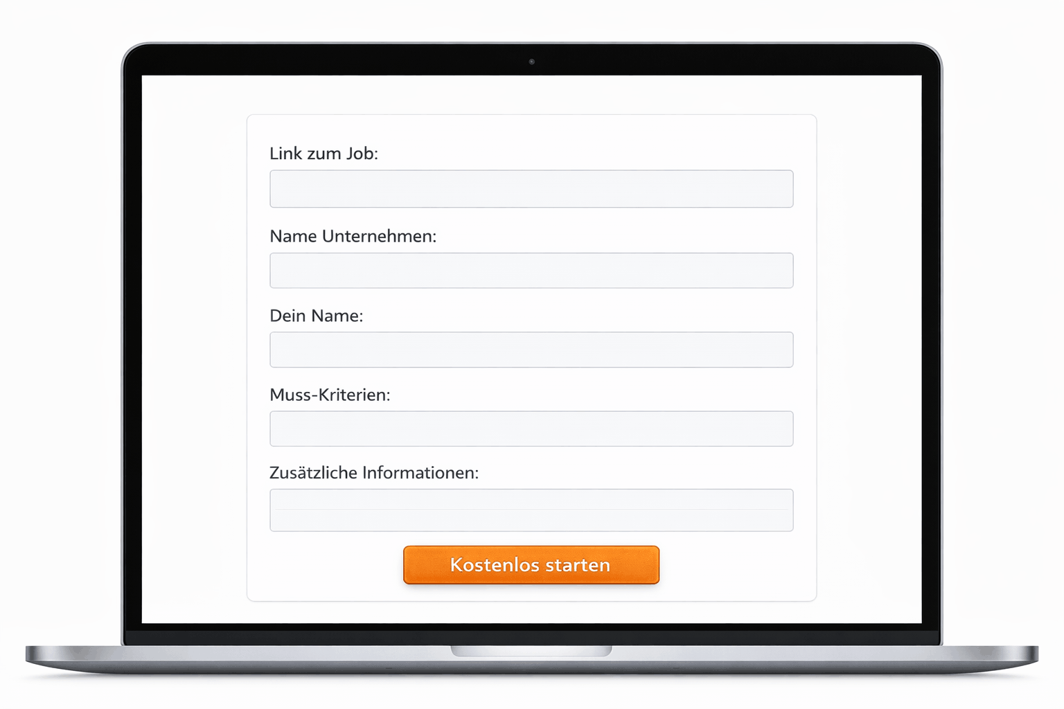 Laptop mit einem Online-Formular zur Eingabe von Job-Link, Firmenname, eigenem Namen, Muss-Kriterien und zusätzlichen Informationen sowie einem orangefarbenen Button mit der Aufschrift Kostenlos starten.