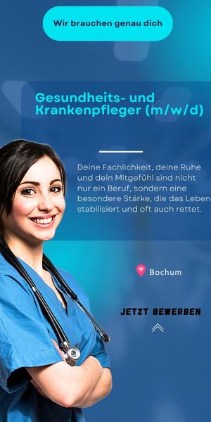 LĂ€chelnde junge Krankenschwester in blauer Berufskleidung mit Stethoskop, Anzeige zum Gesundheits- und Krankenpfleger-Job in Bochum.