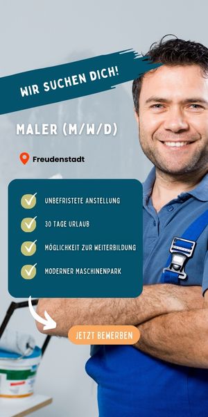 LÀchelnder Maler in blauer Arbeitshose mit verschrÀnkten Armen, daneben Text mit Stellenangebot in Freudenstadt und Vorteilen wie unbefristeter Anstellung, 30 Tage Urlaub, Weiterbildung und moderner Maschinenpark.