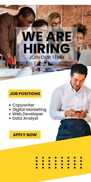 Verschiedene Personen arbeiten zusammen an einem Laptop mit dem Text 'Wir stellen ein â Werde Teil unseres Teams' und Stellenangeboten fĂŒr Texter, digitales Marketing, Webentwickler und Datenanalysten.
