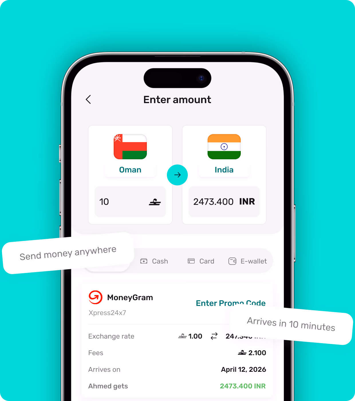Walletii app screen for sending money to a contact.
