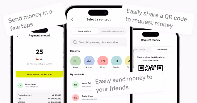 Walletii screen for easily sending money.