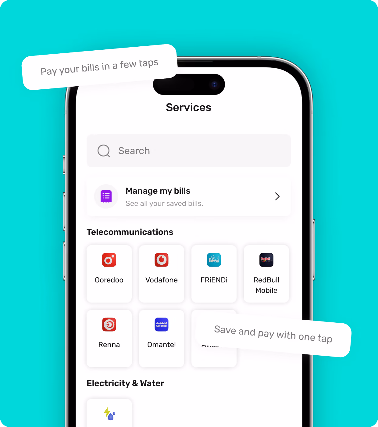 Walletii app screen for paying utility bills.
