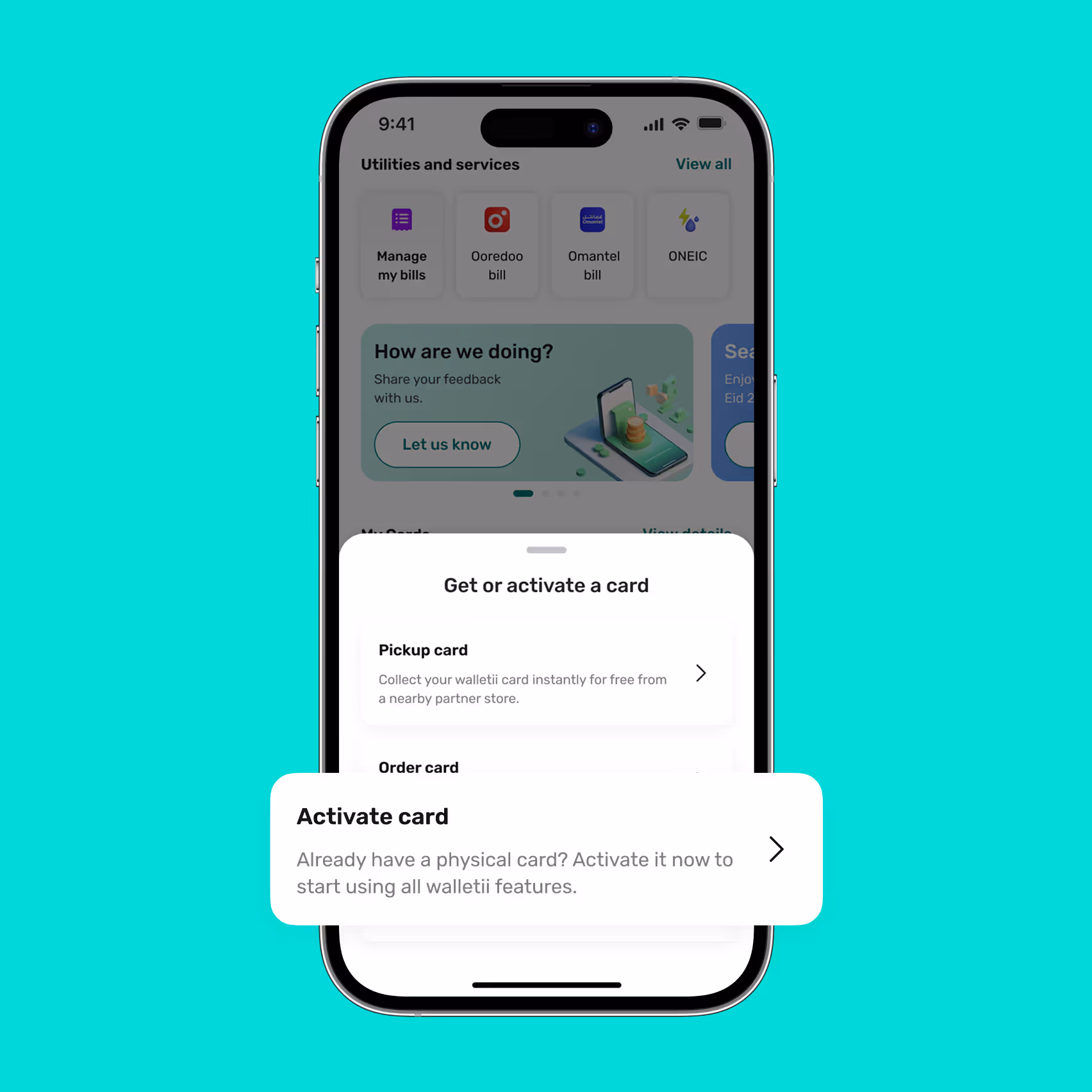 Smartphone screen showing a financial app with a popup to get or activate a card, offering options to pickup or activate a physical card.