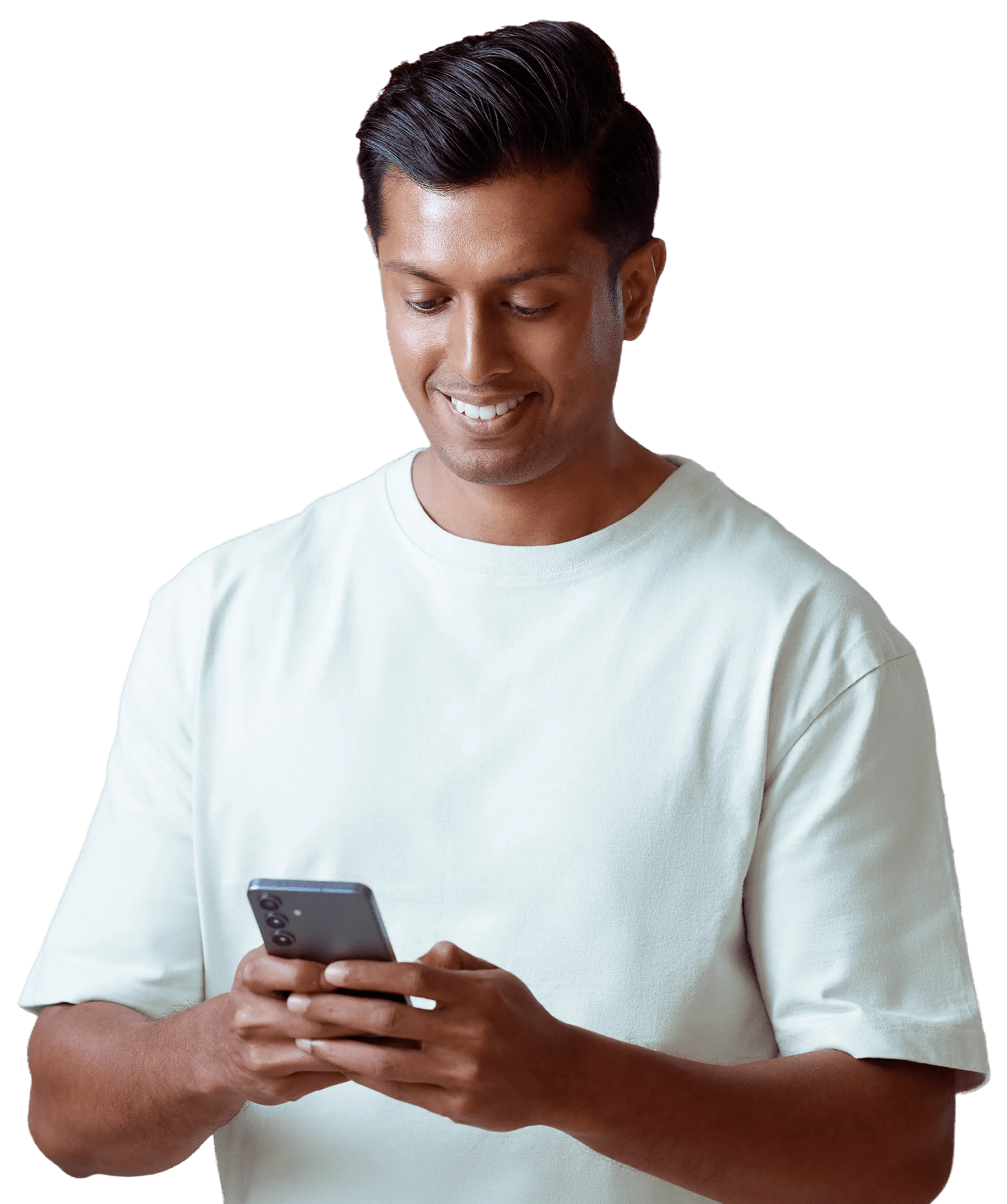 Smiling man in white t-shirt looking at his smartphone.