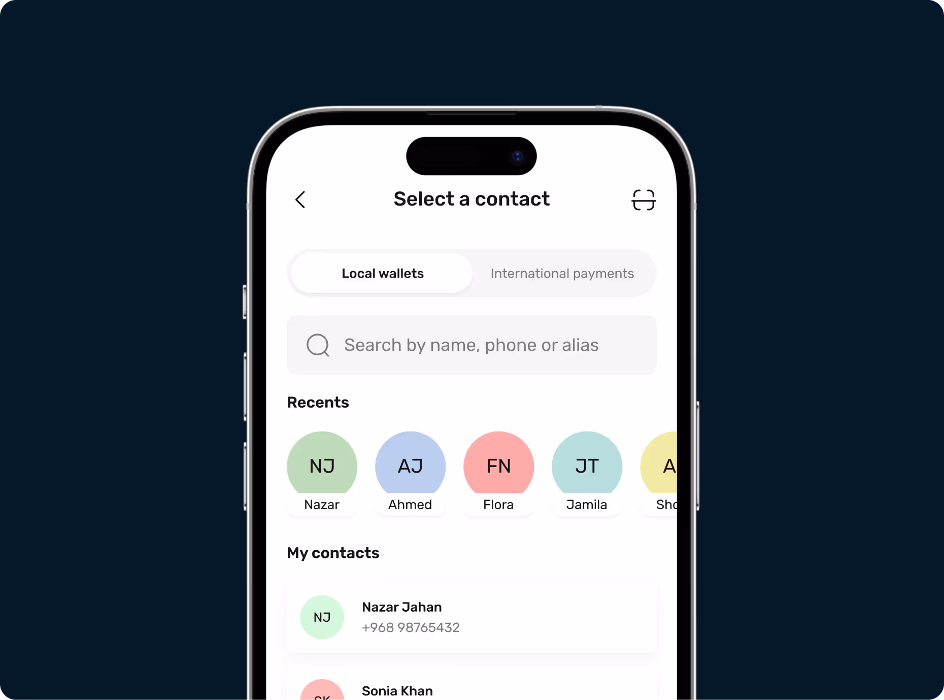 Mobile app screen showing contact selection with tabs for Local wallets and International payments, a search bar, recent contacts displayed as colored circles with initials and names, and a contact list including Nazar Jahan and Sonia Khan with phone numbers.
