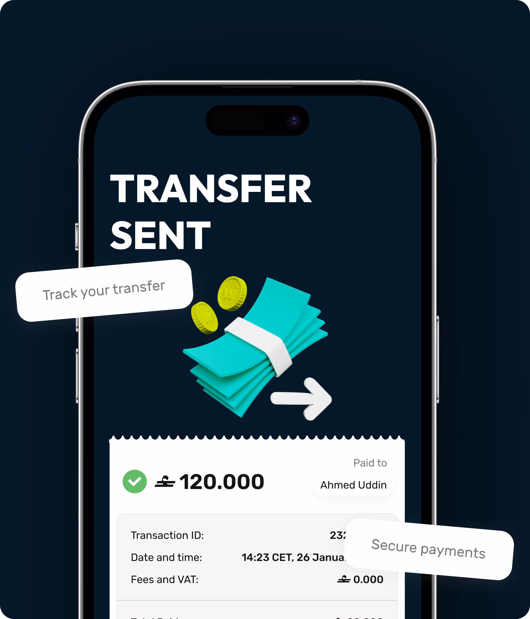 Walletii screen showing a secure trackable money transfer.