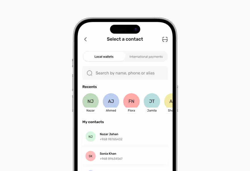 Walletii screen for selecting a payment contact.