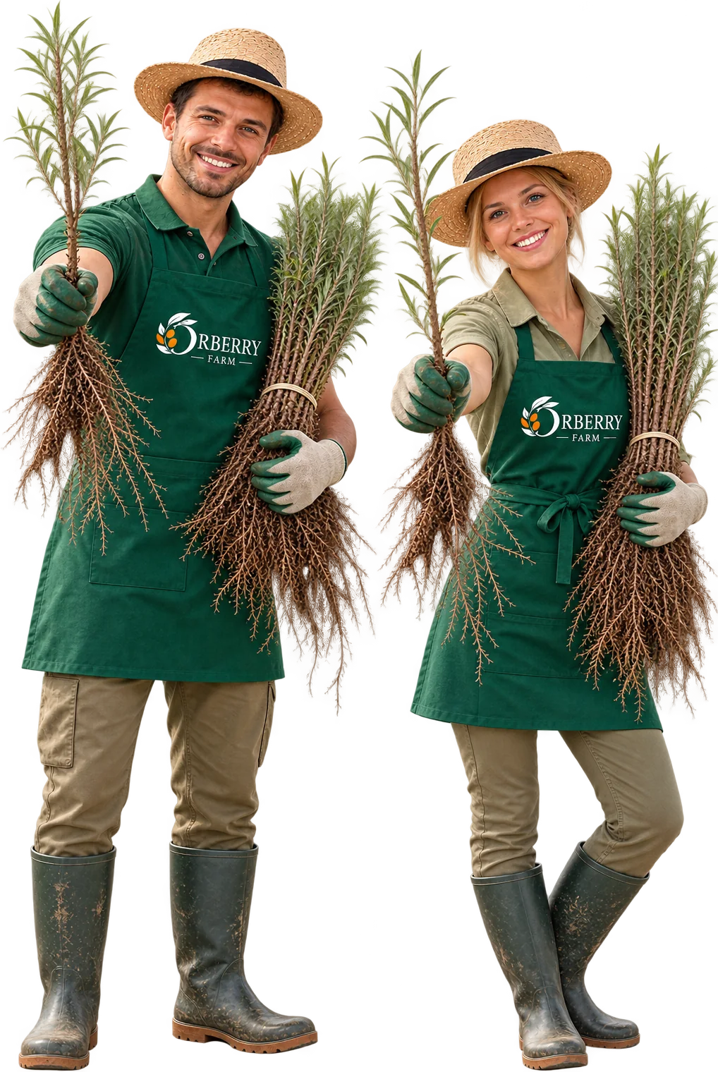Doi fermieri zâmbitori, un bărbat și o femeie, îmbrăcați în șorțuri verzi cu logo-ul Orberry Farm și pălării de paie, ținând puieți de plante cu rădăcini expuse, fiecare purtând mănuși și bocanci de cauciuc.