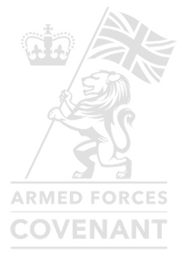 Silver lion holding UK flag with crown above and text 'Armed Forces Covenant' below.
