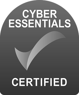 Cyber Essentials Certified badge with a checkmark on a gray gradient background.