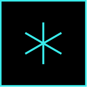 A blue asterisk symbol centered on a black square background with a cyan border.