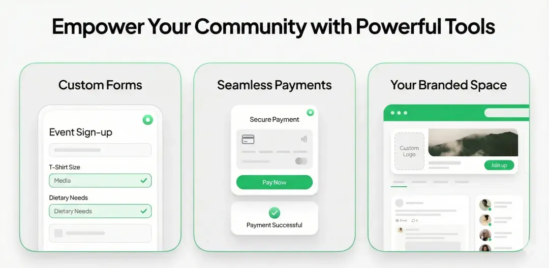 Gametime Hero website builder with a branded community site, custom sign-up forms, and secure payments