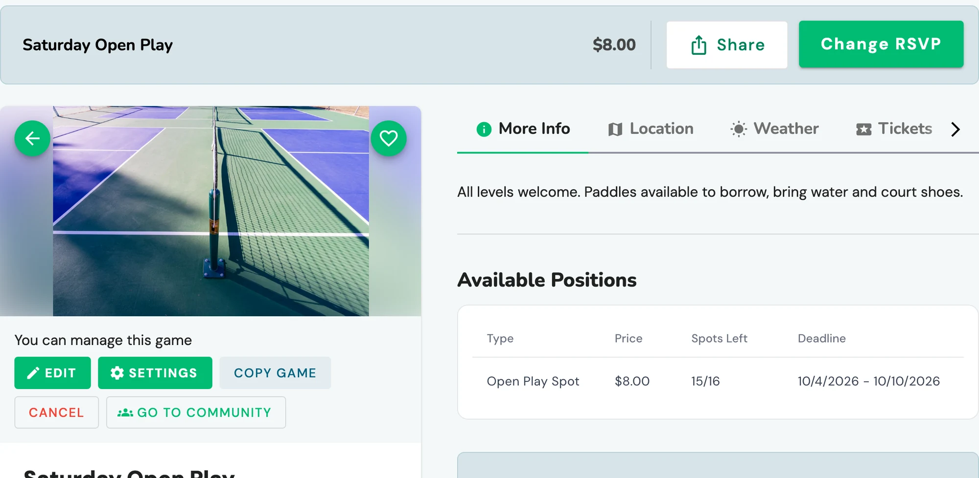 Gametime Hero event page for a pickleball open play session showing the $8 ticket price, RSVP button, and available spots