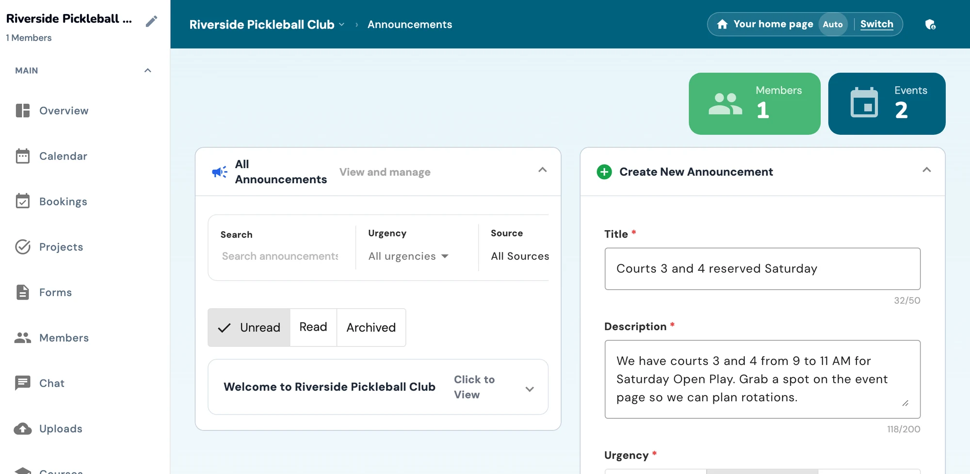 Gametime Hero community dashboard with member and event counts, an announcements list, and the new announcement composer