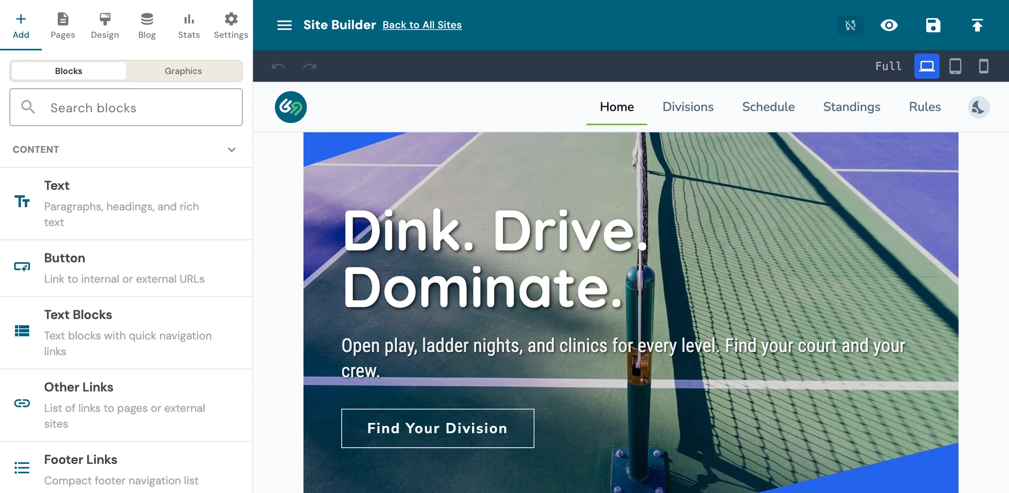 Gametime Hero site builder editor with content blocks on the left and a pickleball club website template being edited