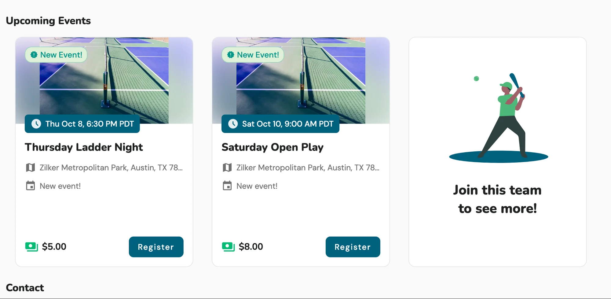 Gametime Hero public community page showing upcoming pickleball events with dates, location, prices, and Register buttons