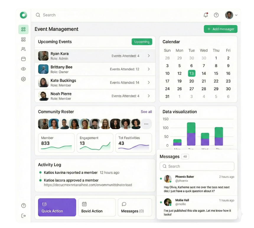 Gametime Hero event management dashboard with upcoming events, roster, calendar, and messages