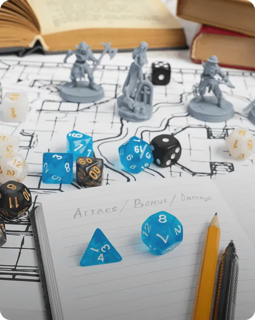 Miniatures and dice set up for a Dungeons & Dragons game