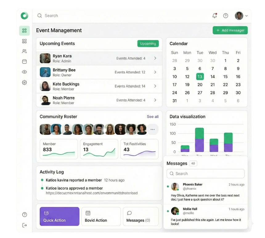 Gametime Hero event management dashboard with upcoming events, roster, calendar, and messages