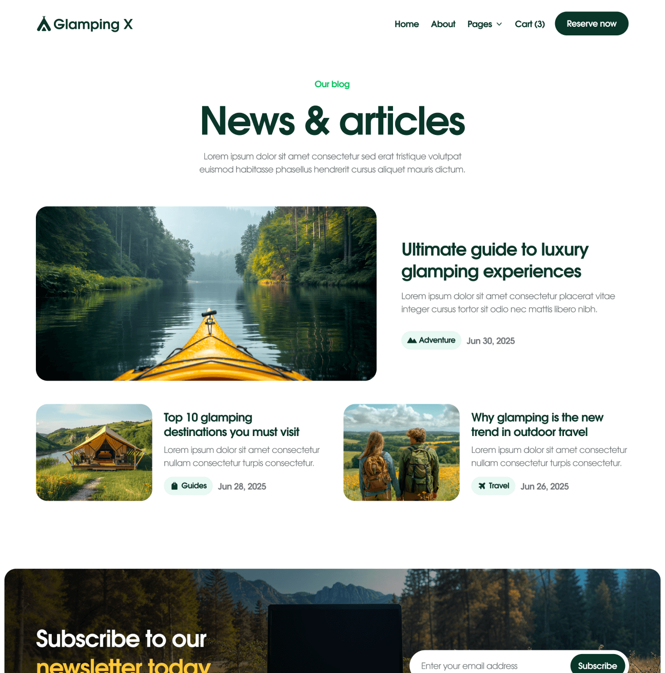 Glamping X Blog Hero Page Glamping Webflow Template