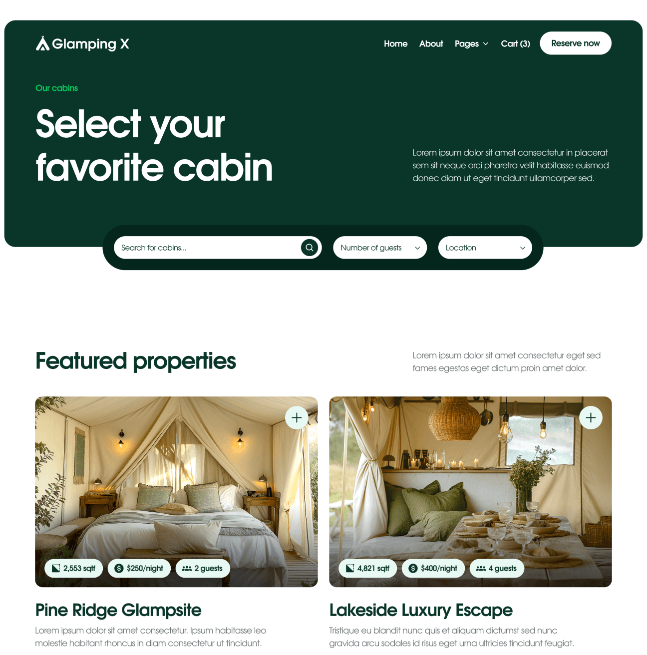 Glamping X Properties V2 Hero Page Glamping Webflow Template