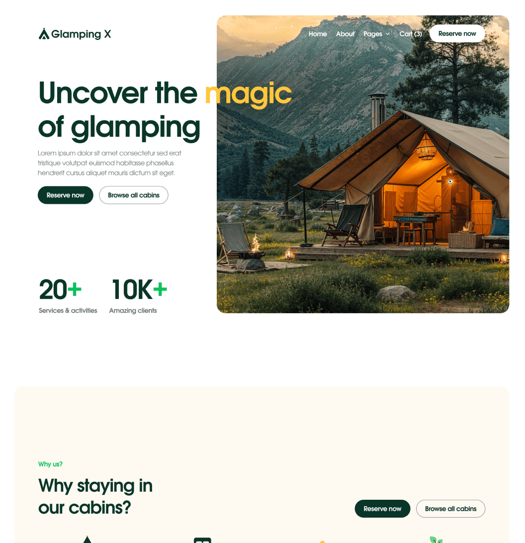 Glamping X Home V3 Main Page Glamping Webflow Template
