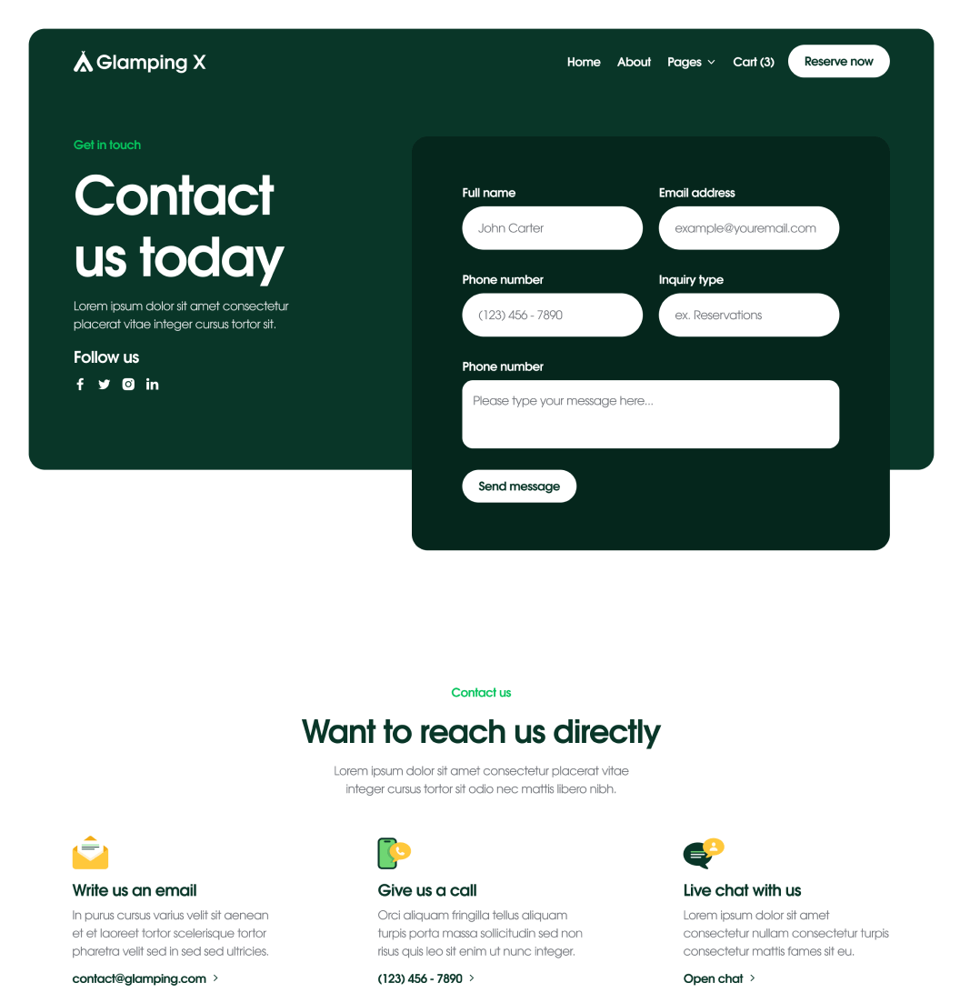 Glamping X Contact V2 Main Page Glamping Webflow Template