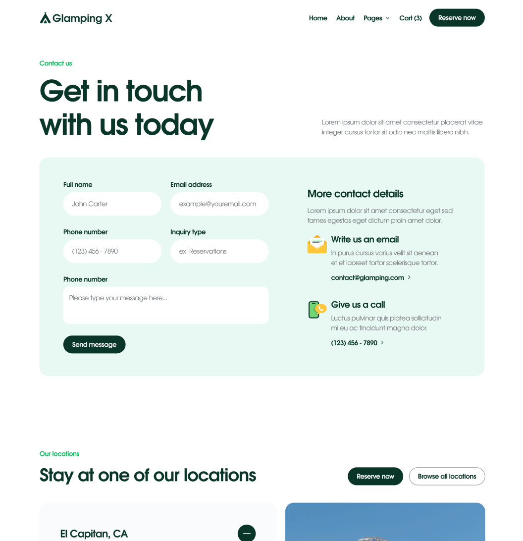 Glamping X Contact V3 Main Page Glamping Webflow Template