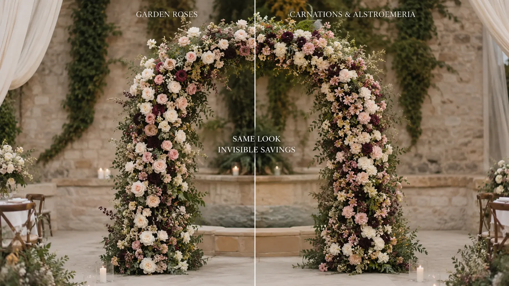 A wedding arch shown in premium garden roses beside the same arch in look-alike carnations and alstroemeria, showing the cost saving carries no visible difference.
