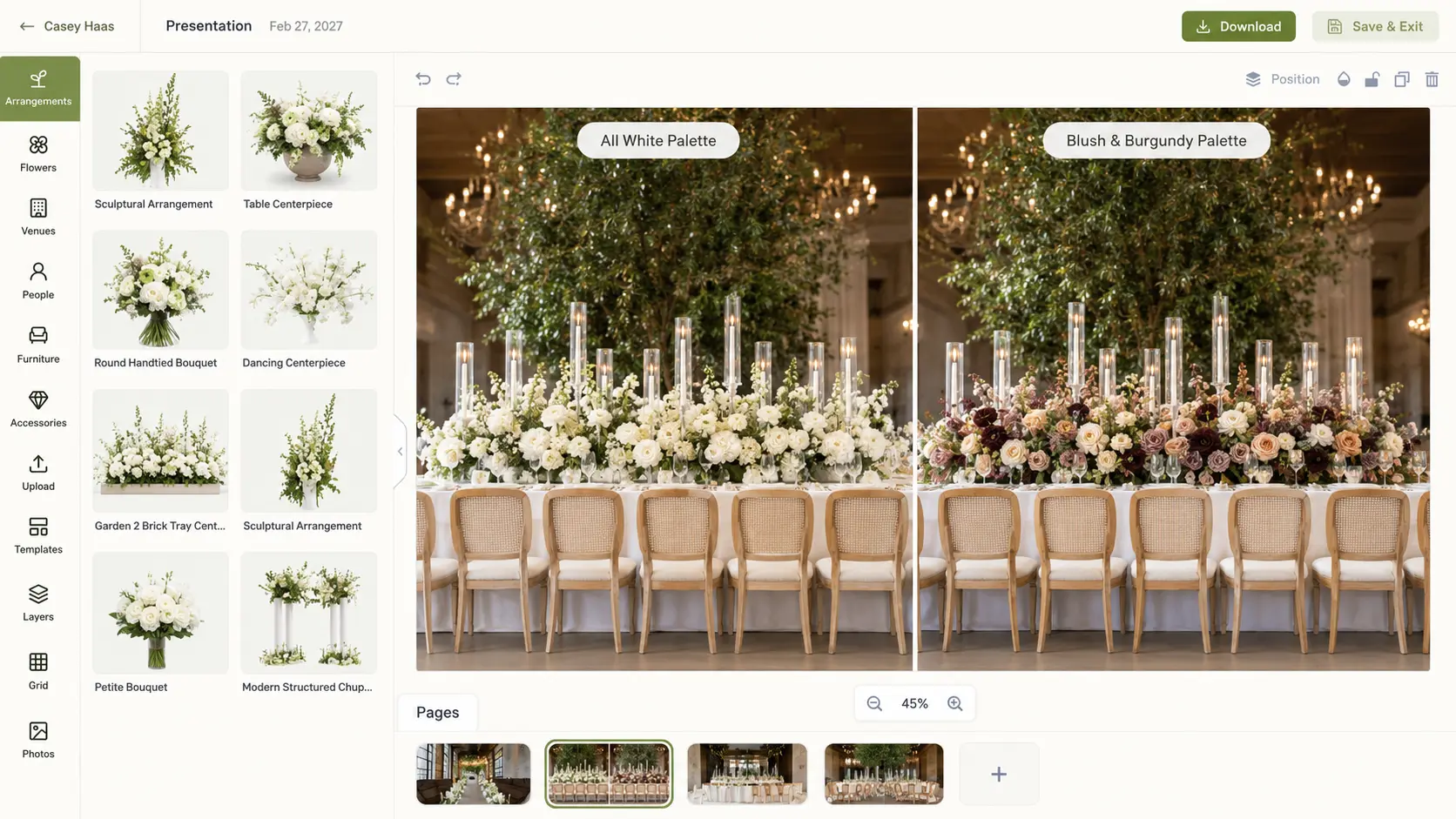 A reception head table rendered twice, once in an all-white palette and once in blush and burgundy, showing a full color change made in minutes.