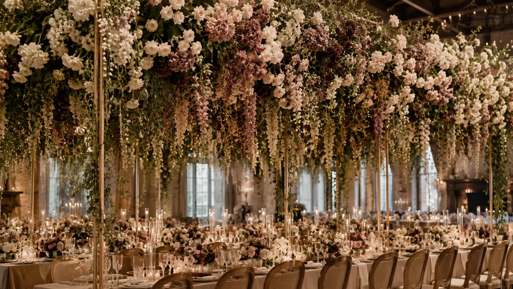 A luxury wedding reception with a dramatic flower-covered ceiling installation suspended above the tables, an unrequested wow moment shown in the venue.