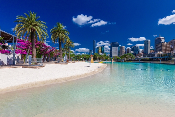 South Bank Parklands man-made beach and city skyline
