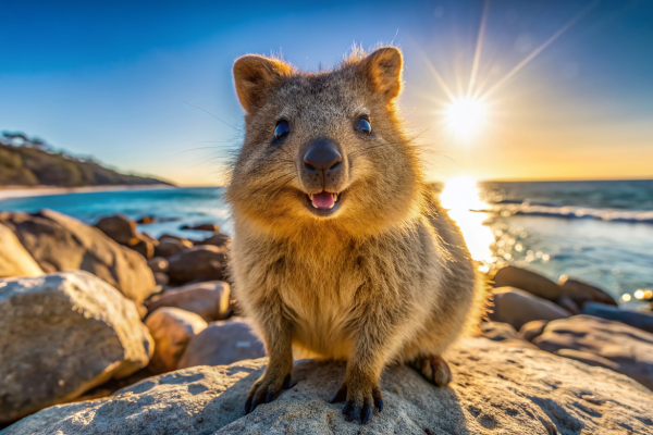 Quokka smiling on the beach at Rottnest Island