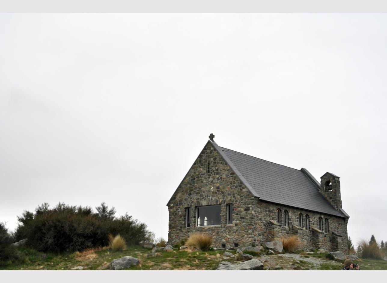 Lake Tekapo turquoise water Church of the Good Shepherd and campervan road trip scenery New Zealand