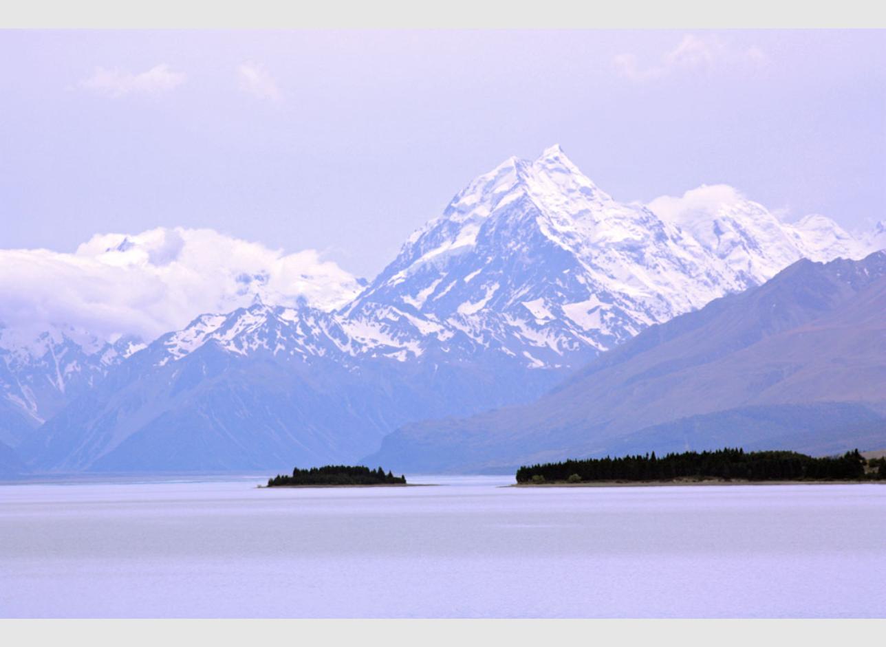 Aoraki Mount Cook snow covered mountains Lake Pukaki scenic road for New Zealand campervan road trips
