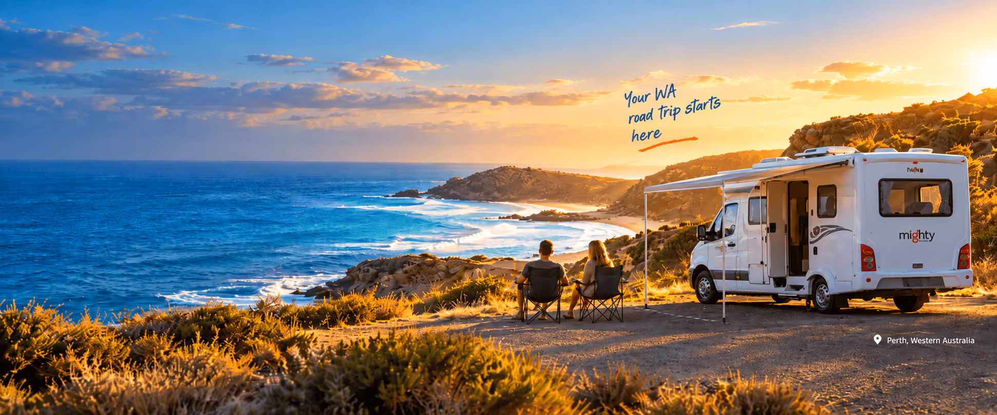 Couple relaxing beside a campervan on the Western Australian coast near Perth at sunset