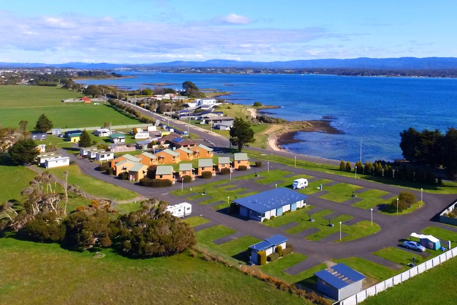 Aerial view of BIG4 Low Head Tourist Park sites near the mouth of the Tamar River