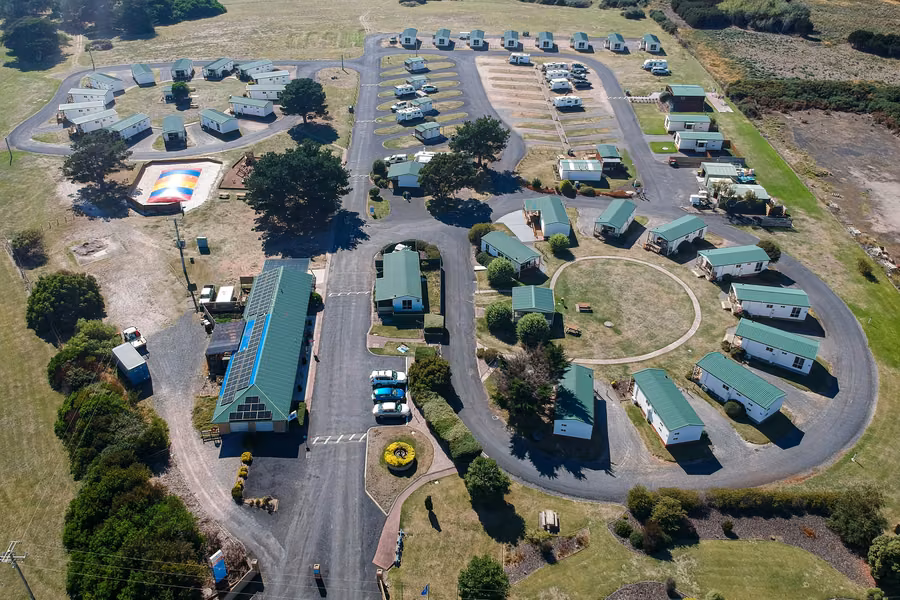 Aerial view of Discovery Parks Devonport cabins and sites in East Devonport
